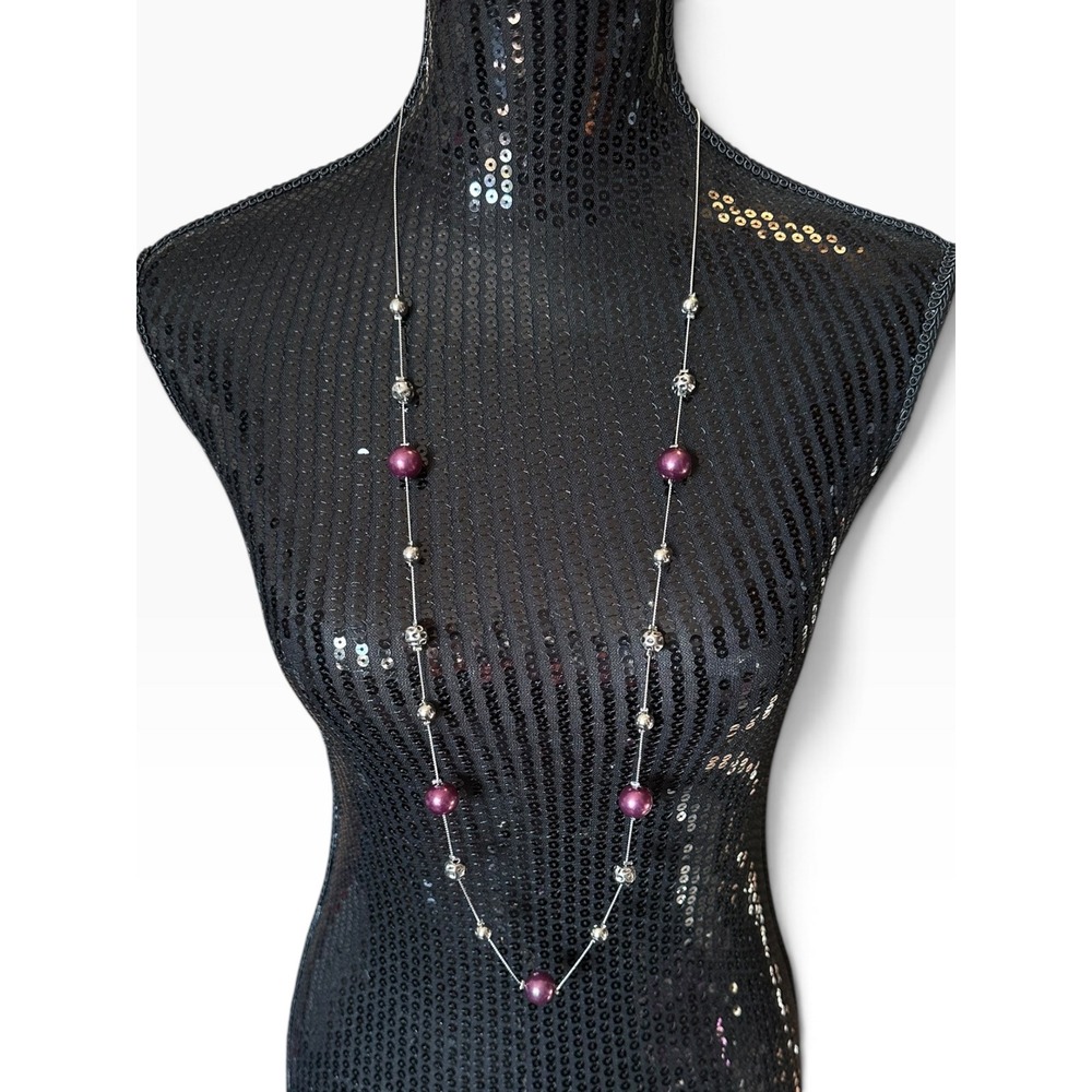 Station Necklace 38" Purple Silver Tone Long Faux Pearl